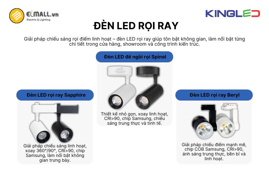 Đèn LED rọi ray KingLED là thiết bị chiếu sáng rọi điểm tinh tế, tạo hiệu ứng ánh sáng nổi bật cho khu vực trưng bày và trang trí.