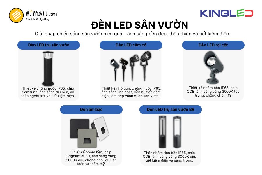 Đèn LED sân vườn KingLED là thiết bị chiếu sáng trang trí ngoài trời, tạo không gian ấn tượng và thân thiện.