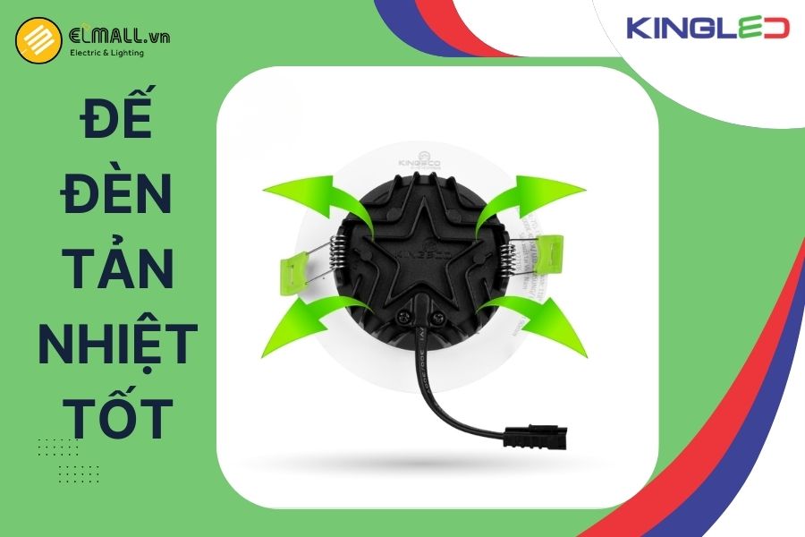 Đèn LED âm trần KingEco có phần đế làm từ nhôm đức giúp tản nhiệt tốt