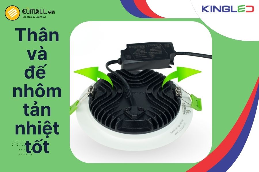 Đèn LED âm trần Ruby có thân và đế đúc nhôm, tối ưu tản nhiệt và tăng tuổi thọ